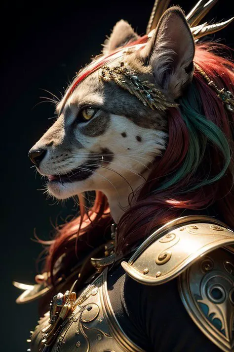 ull body, highly detailed, 8k, photorealistic, bedazzling cute fluffy wild majestic adult creature, rule of thirds depth of field intricate details, (concept art), vivid colors, futuristic design, attention to detail, grandeur and awe, stunning visual masterpiece, fantastical realm, hard light,Aztecta warrior skull seen from the right profile, with a plume in metallic colors (red, white, green, gold), with a fantastic background ,