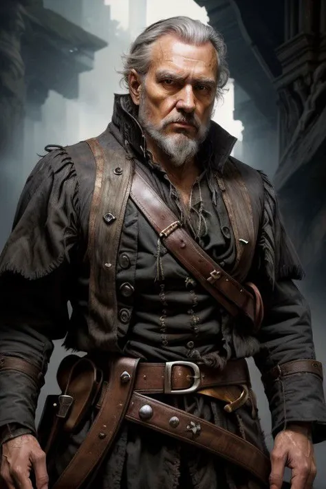 nsfw, Portrait of two thirds, highly detailed, 8k, photorealistic, selfie photograph of men, old pirate in Tyche's belt, age about 60, white beard, short black hair, in the belt of a tyche with a pistol of the 17th century, ((gorgeous symmetrical face)), natural beauty, ultra high realistic, elegant, highly detailed, intricate, sharp focus, depth of field, 85mm, medium shot, (((professionally color graded))), sharp focus, (volumetric fog), cinematic style, high-definition images, High detail, cinematic style, HD detail,