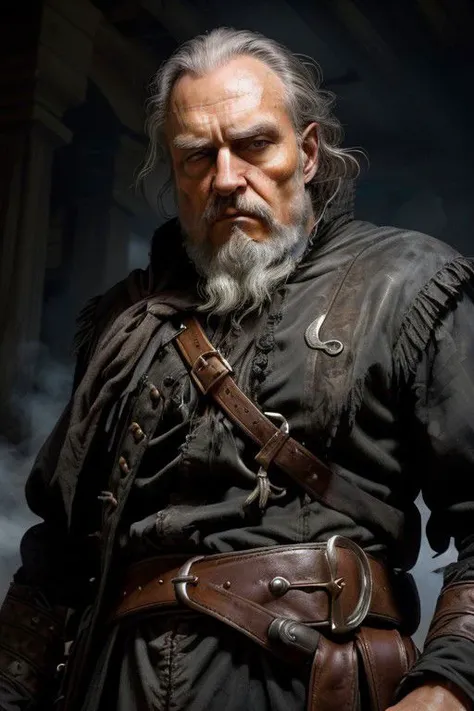nsfw, Portrait of two thirds, highly detailed, 8k, photorealistic, selfie photograph of men, old pirate in Tyche's belt, age about 60, white beard, short black hair, in the belt of a tyche with a pistol of the 17th century, ((gorgeous symmetrical face)), natural beauty, ultra high realistic, elegant, highly detailed, intricate, sharp focus, depth of field, 85mm, medium shot, (((professionally color graded))), sharp focus, (volumetric fog), cinematic style, high-definition images, High detail, cinematic style, HD detail,