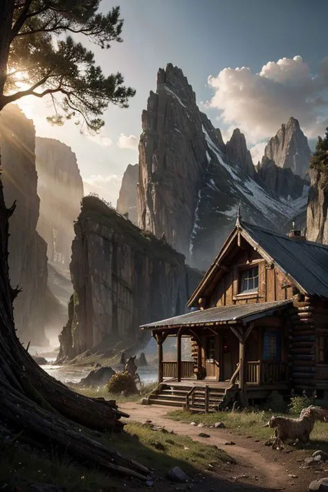 high quality, 8K Ultra HD, fantasy painting by greg rutkowski, a Cabin in Temperate area, stunning full color, terrible monsters with gaping mouths in the background