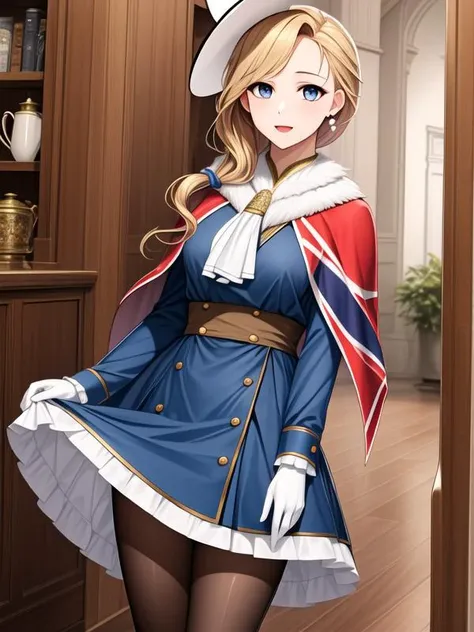 <lora:Hood_v3:1>1girl, black pantyhose, blonde hair, blue capelet, blue dress, blue eyes, blue skirt, def, earrings, frilled skirt, hair over shoulder, hat, hood_(azur_lane), jabot, jewelry, long dress, long hair, long skirt, long sleeves, tilted headwear, union jack, white gloves, white headwear, <lora:flatBG:-0.5> ,<lora:flat2:-0.5> ,<lora:hyperrefiner_v090:0.5> ,(dark light:1.2),(hyper extreme detailed),(masterpeace:0.5),(hyper extreme),(photorealistic),game cg,llustration,novel illustration,beautiful lighting,light from the front,good_hands,beautiful art ,BREAK