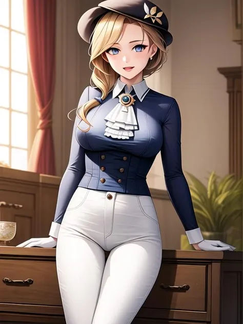 <lora:Hood_v3:1>1girl, long hair, blue eyes, blonde hair, boots, pants, white gloves, Ascot, beret, blue jacket, hair over shoulder, white pants, white ascot, hood_(azur_lane), hood_(gentlewoman_and_stallion)_(azur_lane), riding_outfit, <lora:flatBG:-0.5> ,<lora:flat2:-0.5> ,<lora:hyperrefiner_v090:0.5> ,(dark light:1.2),(hyper extreme detailed),(masterpeace:0.5),(hyper extreme),(photorealistic),game cg,llustration,novel illustration,beautiful lighting,light from the front,good_hands,beautiful art ,BREAK