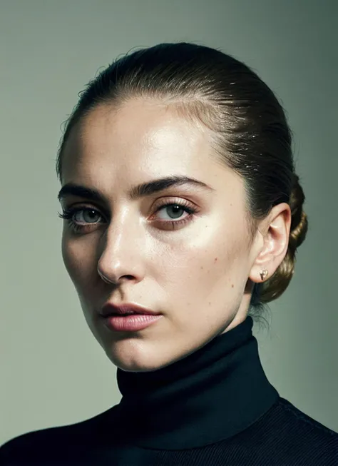 A stunning intricate full color portrait of (sks woman:1), wearing a black turtleneck, epic character composition, by ilya kuvshinov, alessio albi, nina masic, sharp focus, natural lighting, subsurface scattering, f2, 35mm, film grain, <lora:lora_gaga_v1_from_v1_160:1>