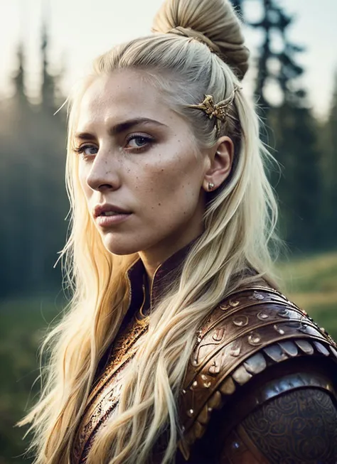 A stunning intricate full color portrait of (sks woman:1) as (viking warrior), (barbarian), epic character composition, by ilya kuvshinov, alessio albi, nina masic, sharp focus, natural lighting, subsurface scattering, f2, 35mm, film grain, <lora:lora_gaga_v1_from_v1_160:1>