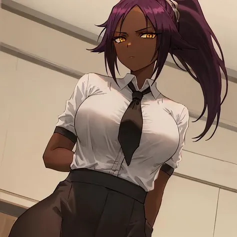 best quality, 1girl, (small breasts:0.7),  corneo_yoruichi, ringed_eyes, white shirt, collared shirt, black necktie, black pants, bored, looking at viewer, from below