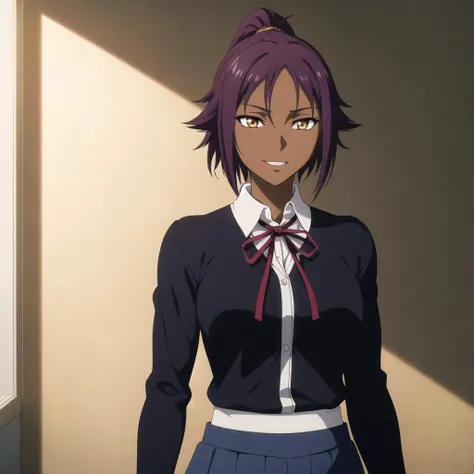 1girl, solo, yoruichi, , 1girl, solo, blue ribbon, skirt, smile, shirt, blue skirt, white shirt, long sleeves, high-waist skirt, neck ribbon, short hair,indoor,school,(Upper_body),(Focus on her face),(light_smile:0.5), official art,extremely detailed CG unity 8k wallpaper, perfect lighting,Colorful, Bright_Front_face_Lighting,shiny skin, (masterpiece:1.0),(best_quality:1.0), corneo_yoruichi