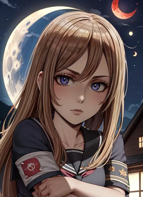 ((best quality)), ((highly detailed)), absurdres, detailed face, beautiful face, (detailed eyes, deep eyes), (1girl), straight-on, upper body, ((armband)), <lora:hairdetailer:.5>, schoolgirl, (outside, at a house, night, night sky, stars, lunar eclipse, telescope), <lora:Oroborus:1>, Oroborus