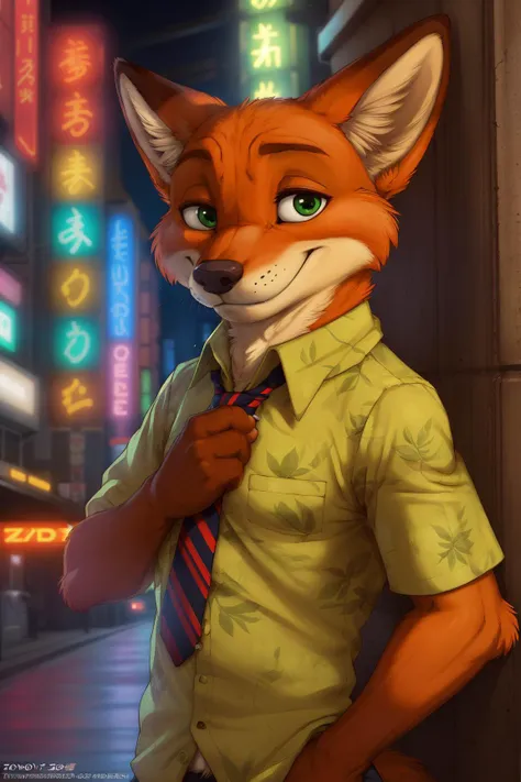 (by spiritd, by honovy, by zenthetiger, by zaush), nick wilde, male, fox, solo, necktie, safe, clothed, green eyes, police uniform, standing, city, street, tokyo, akihabara, neon lights, night