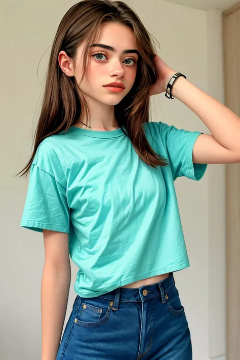 (long shot:1.4), <lora:sd15_OliviaChristie_v1:.9> OliviaChristie wearing a t-shirt and jeans