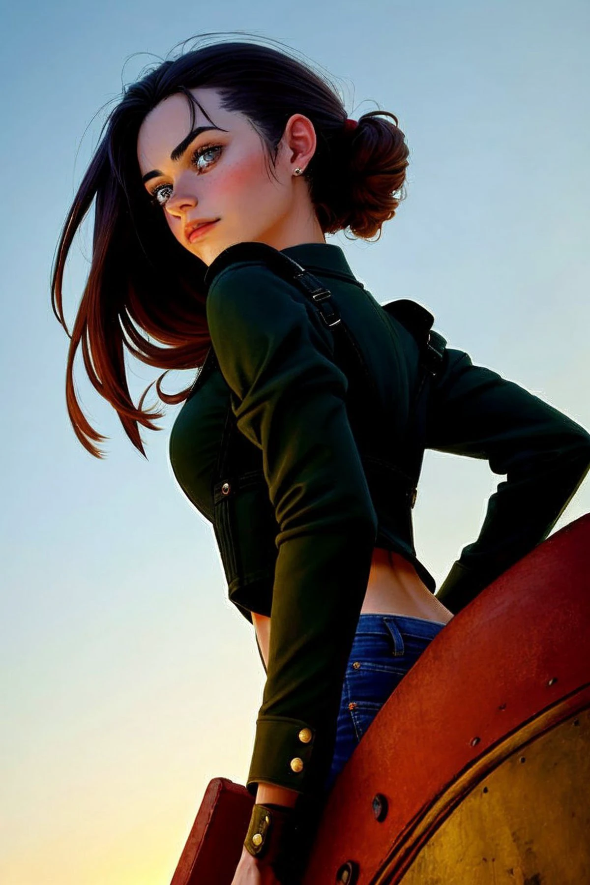 (crypto art style, digital, vibrant, blockchain, detailed:1.2) (shot from a Dutch angle, closeup on face:1.2) <lora:sd15_OliviaChristie_v1:.9> OliviaChristie, from behind,4:: she is wearing cow costume , her hair is styled as sunkissed hair, BREAK she is (standing on top of a Sherman tank:1.1), dramatic rim lighting, overexposed,Porta 160 ,