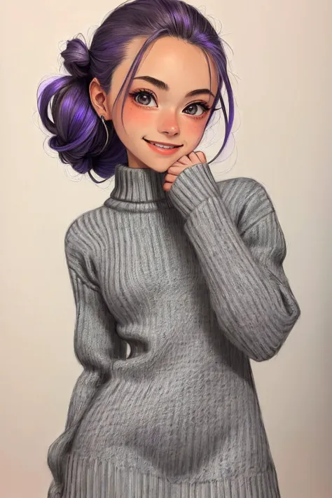 (pencil sketch, shaded, detailed, graphite, hand-drawn:1.2) upper body <lora:sd15_OliviaChristie_v1:.9> OliviaChristie, focus on smiling face, wearing a sweater dress , her iris color hair is styled as Curly Updo,