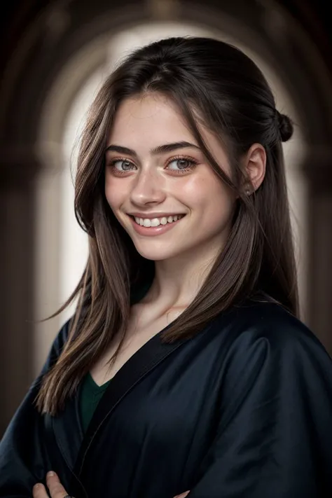 portrait <lora:sd15_OliviaChristie_v1:.9> OliviaChristie, focus on smiling face, wearing a mage robe , her hair is styled as shoulder-length hair,