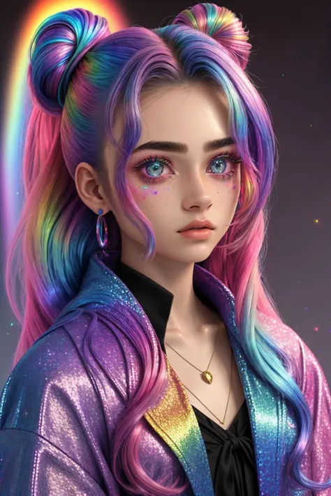 (holographic style, rainbow, shimmer, 3D effect, detailed:1.15), headshot <lora:sd15_OliviaChristie_v1:.9> OliviaChristie, focus on face, wearing a mage robe , her hair is styled as half-up bun hair,