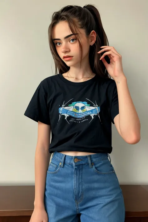 (medium shot:1.4), <lora:sd15_OliviaChristie_v1:.9> OliviaChristie wearing a t-shirt and jeans