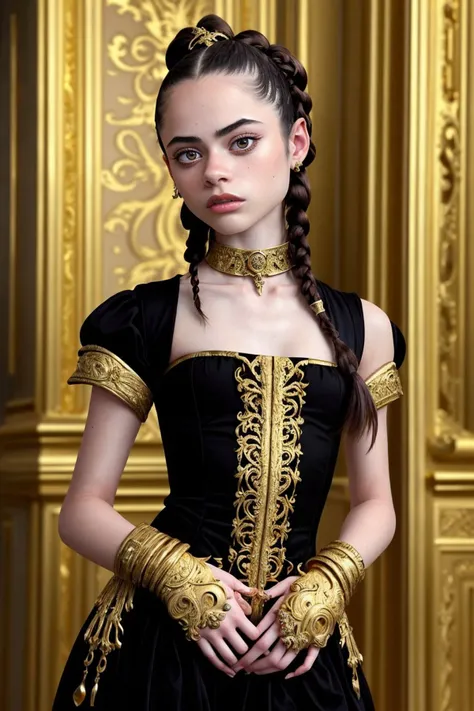 (baroque style, ornate, gold, dramatic, highly detailed:1.15), upper body <lora:sd15_OliviaChristie_v1:.9> OliviaChristie, focus on face, wearing cosplay clothing , her hair is styled as twist braid,