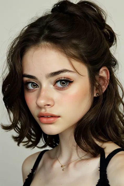 realistic photo of <lora:sd15_OliviaChristie_v1:.9> OliviaChristie, focus on eyes, close up on face, pouting, hair styled as Pinned-Back Curly Hair,