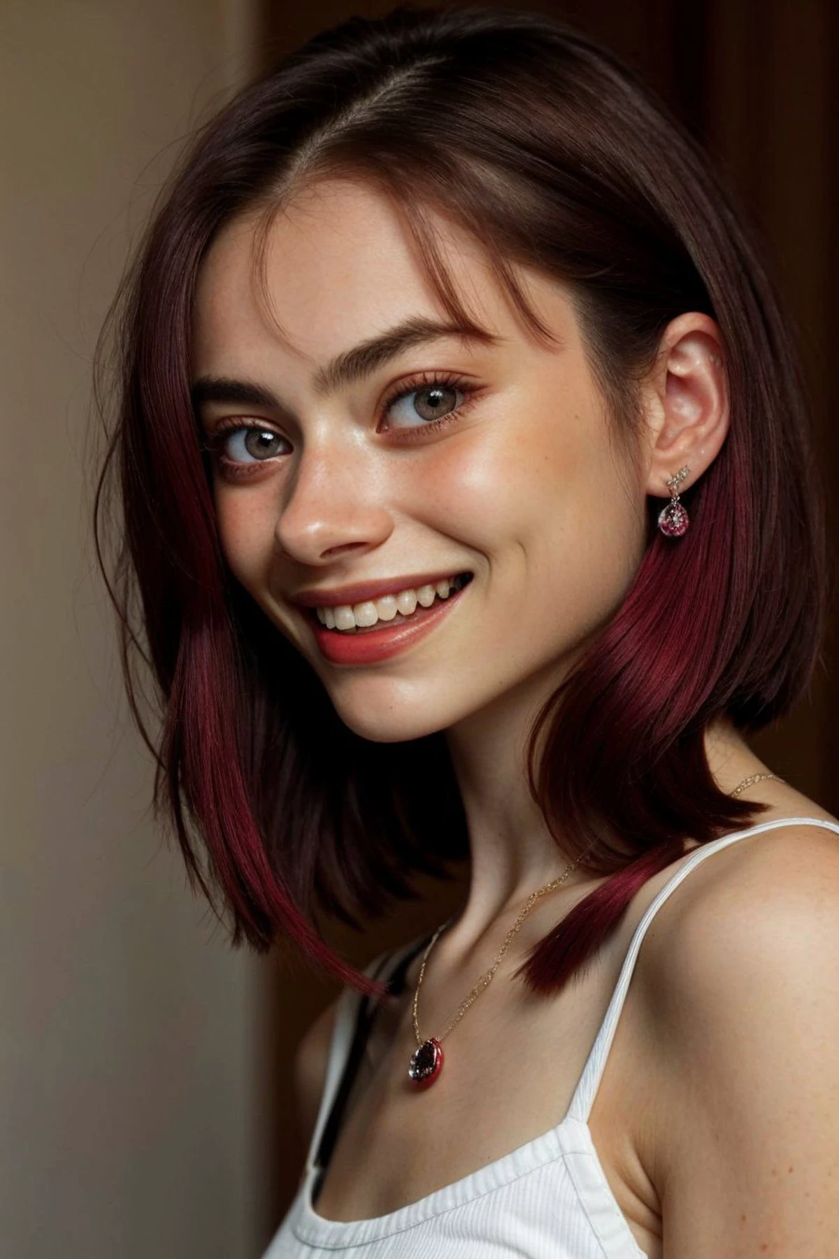 <lora:sd15_OliviaChristie_v1:.9> OliviaChristie, focus on eyes, close up on face, laughing, wearing jewelry, cranberry color hair styled french bob hair, low key lighting,