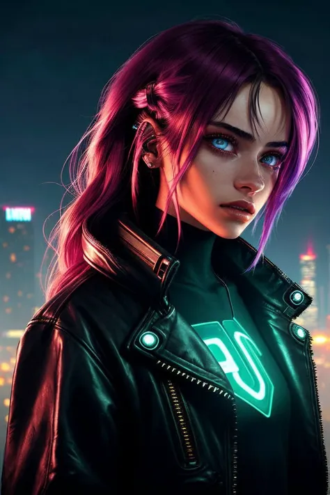 (cyberpunk cityscape, neon, dark, futuristic, detailed:1.2) <lora:sd15_OliviaChristie_v1:.9> OliviaChristie, focus on eyes, close up on face, firebrick color hair styled textured waves hair, lens flare,