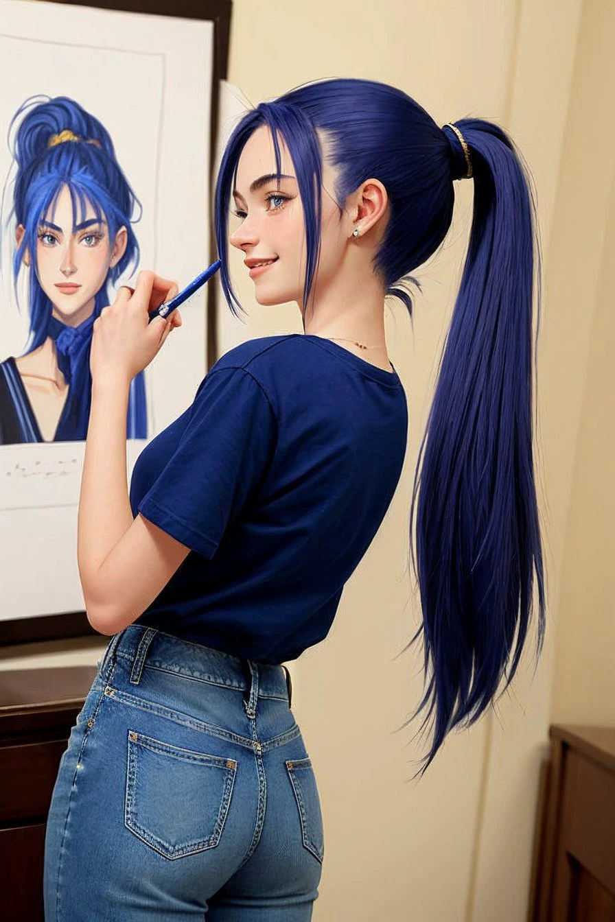 (calligraphic interpretation of, elegant, flowing, handwritten:1.2) portrait <lora:sd15_OliviaChristie_v1:.9> OliviaChristie, focus on smiling face, from behind wearing a tshirt and jeans , her cobalt blue color hair is styled as Straight Low Ponytail,
