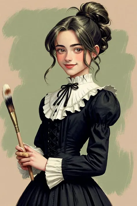 (brush stroke style, painterly, textured, highly detailed:1.2) upper body <lora:sd15_OliviaChristie_v1:.9> OliviaChristie, focus on smiling face, wearing victorian clothing , her thyme color hair is styled as long layers hair,