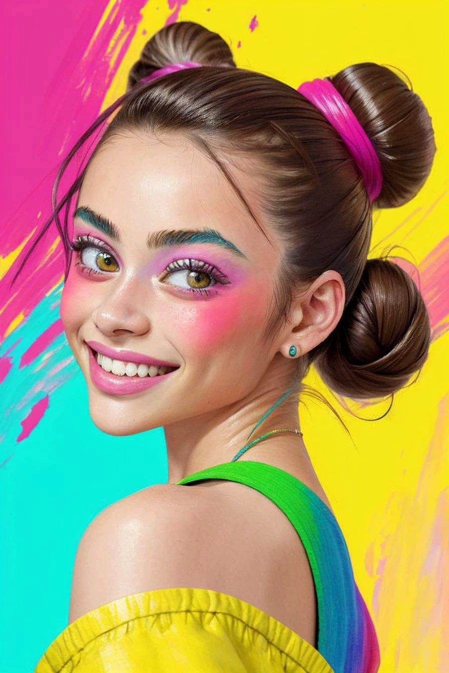 (fauvist style, bright, unnatural colors, bold brushwork:1.2) <lora:sd15_OliviaChristie_v1:.9> OliviaChristie, focus on eyes, close up on face, huge smile, hair styled double dutch bun, ND filter,