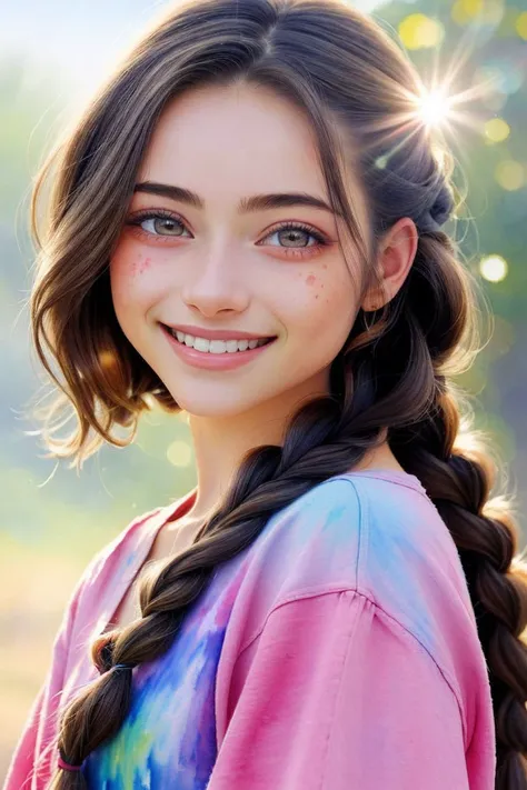 (watercolor painting, soft, vibrant, blended, hand-painted:1.2) <lora:sd15_OliviaChristie_v1:.9> OliviaChristie, focus on eyes, close up on face, huge smile, hair styled waterfall braid hair, lens flare,