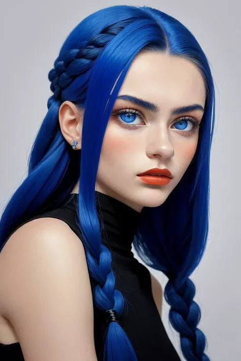 (constructivist design of, geometric, bold, Russian art, highly detailed:1.2) <lora:sd15_OliviaChristie_v1:.9> OliviaChristie, focus on eyes, close up on face, pouting, wearing jewelry, light royal blue hair styled parallel braid, soft focus,