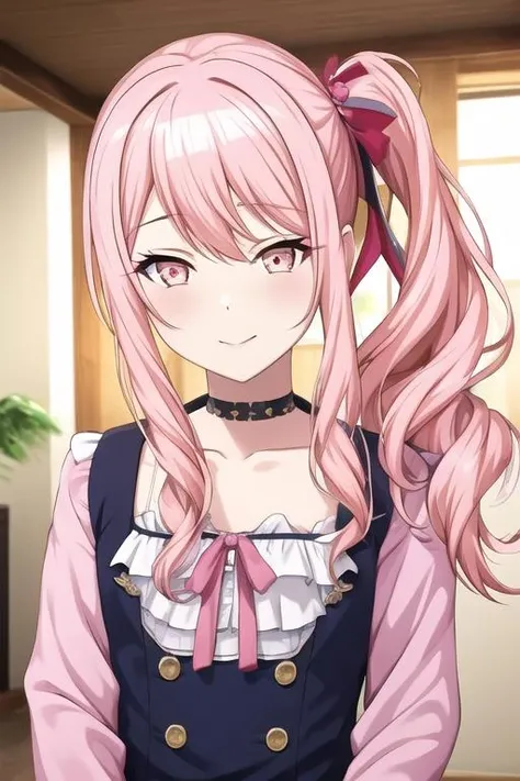 <lora:AkiyamaMizuki:0.54>, mizuki, 1girl, solo, pink hair, pink eyes, long hair, sidelocks, side ponytail, flat chest, (flower bath:0.81), collarbone, eyeshadow, masterpiece, best quality, looking at viewer, ruffled blouse, (angry:0.38), happy