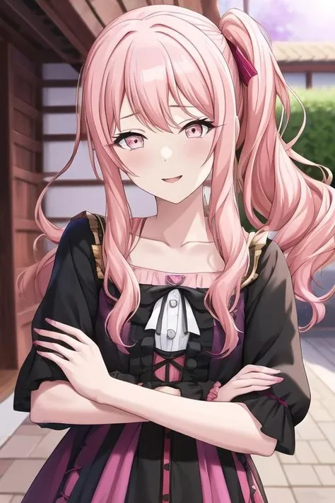 <lora:AkiyamaMizuki:0.57>, mizuki, 1girl, solo, pink hair, pink eyes, long hair, sidelocks, side ponytail, flat chest, (flower castle:0.78), collarbone, eyeshadow, masterpiece, best quality, looking at viewer, ruffled blouse, (angry:0.38), happy