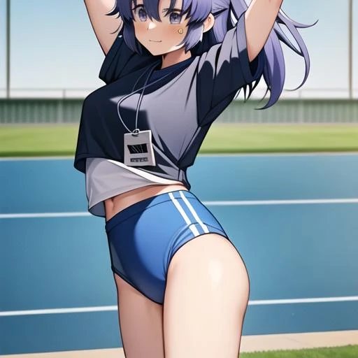 masterpiece, 1girl, solo, smile, smirk, open mouth, (purple black hair), twin tails, race queen, rq, tedeza rize, standing, stomach, (hand on own hip), looking at viewer, trousers, Circuit, checkered flag, Intricate Iris Details