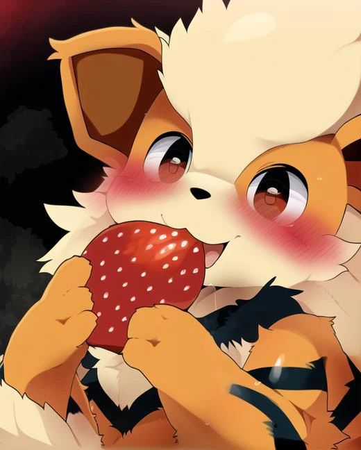 <lora:dagasi style:0.78> arcanine, male,  dagasi, animal focus, (pokemon), (solo), cute eyes, paws, cute smile, ((symmetrical)), anatomically correct, masterpiece, best quality, detailed background, fullbody, kemono, fluffy, open mouth, eating strawberries