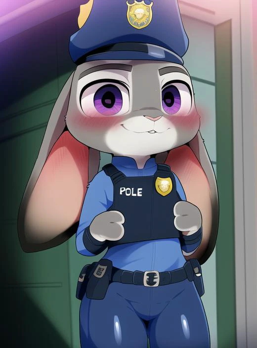 <lora:dagasi style:0.67> detailed,anime, zootopia, rabbit, female, dagasi, animal focus, (solo), cute eyes, cute smile, ((symmetrical)), anatomically correct, masterpiece, best quality, detailed background, fullbody, kemono, police outfit, judy hopps