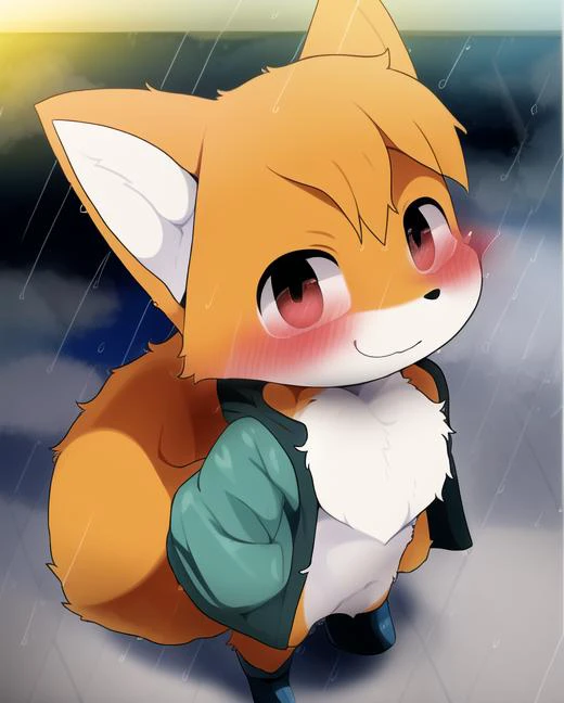 <lora:dagasi style:0.82> fox, anthro, male, clothed, dagasi, animal focus, three-quarter view, (vulpine), (solo), cute eyes, paws, cute smile, ((symmetrical)), anatomically correct, masterpiece, best quality, detailed background, fullbody, kemono, standing, hair tuft, rain jacket, yellow rain boots, raining,