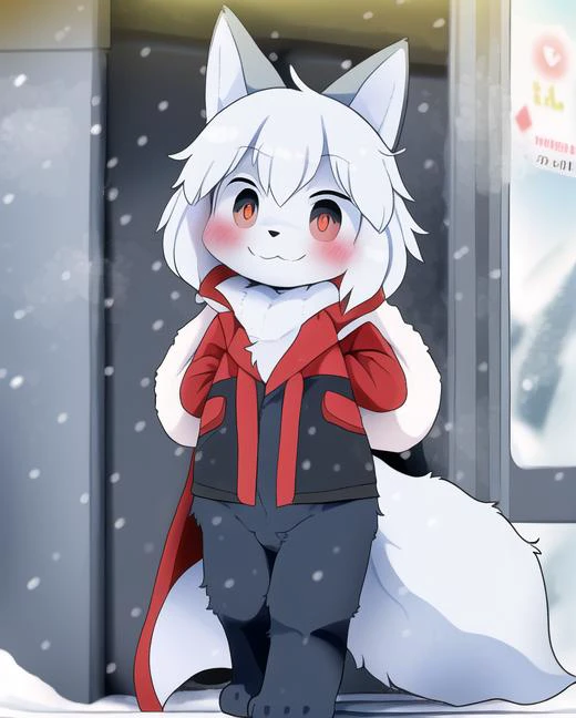 <lora:dagasi style:0.82> wolf, anthro, male, clothed,  dagasi, animal focus, (canine), (solo), cute eyes, paws, cute smile, ((symmetrical)), anatomically correct, masterpiece, best quality, detailed background, fullbody, kemono, standing, hair tuft,snow, coat, anime, fluffy tail,