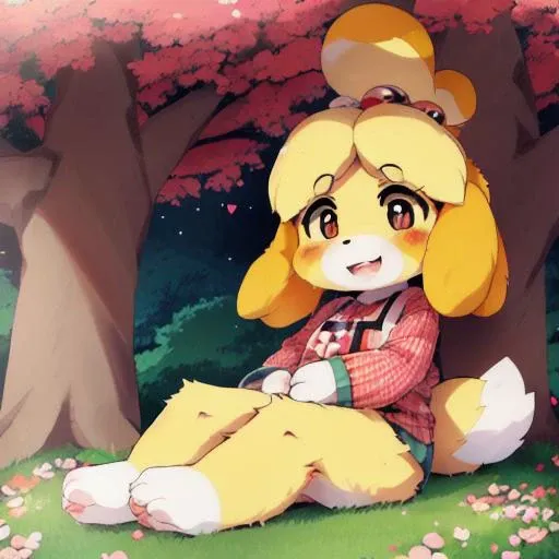 female , (isabelle), , multi colored fur, fluffy, hires, detailed, anime, kemono, , petals, flowers, tree, detailed background, beautiful detail, sparkles, pixiv, cute kawaii, <lora:dagasi style:0.81> (())(dagasi) <lora:isabelle:1>
