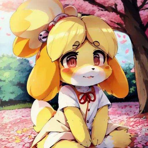 female , (isabelle), , multi colored fur, fluffy, hires, detailed, anime, kemono, , petals, flowers, tree, detailed background, beautiful detail, sparkles, pixiv, cute kawaii, <lora:dagasi style:0.81> (())(dagasi) <lora:isabelle:1>