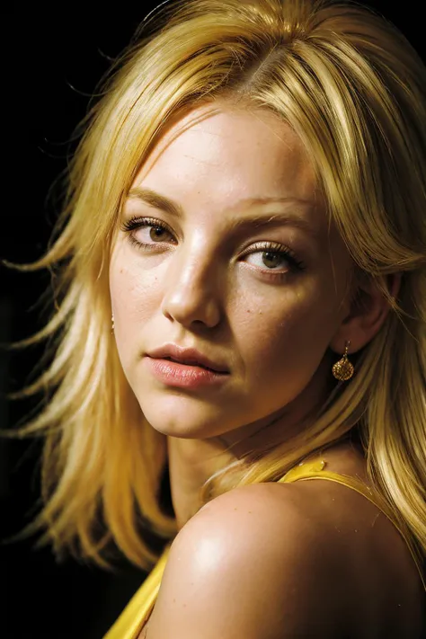 up close photo of britneySpe1 , (yellow hair), detailed skin texture, (blush:0.2), (goosebumps:0.3), (teen singer outfit), subsurface scattering, Photorealistic, Hyperrealistic, Hyperdetailed, analog style, hip cocked, demure, detailed skin, matte skin, soft lighting, subsurface scattering, realistic, heavy shadow, masterpiece, best quality, ultra realistic, 8k, golden ratio, Intricate, High Detail, film photography, soft focus
