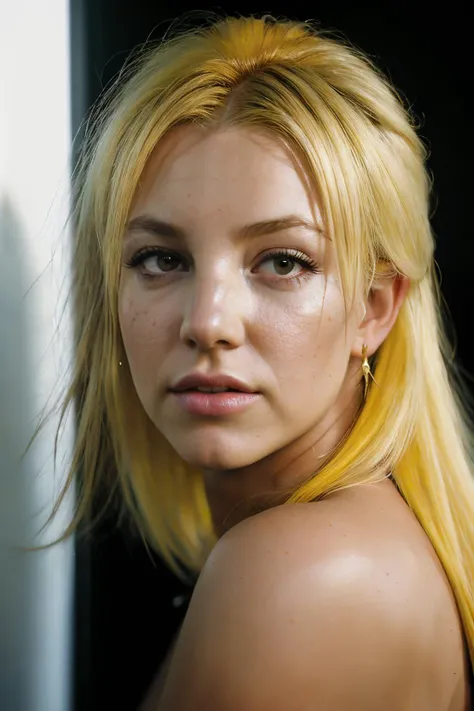 up close photo of britneySpe1 , (yellow hair), detailed skin texture, (blush:0.2), (goosebumps:0.3), (teen singer outfit), subsurface scattering, Photorealistic, Hyperrealistic, Hyperdetailed, analog style, hip cocked, demure, detailed skin, matte skin, soft lighting, subsurface scattering, realistic, heavy shadow, masterpiece, best quality, ultra realistic, 8k, golden ratio, Intricate, High Detail, film photography, soft focus