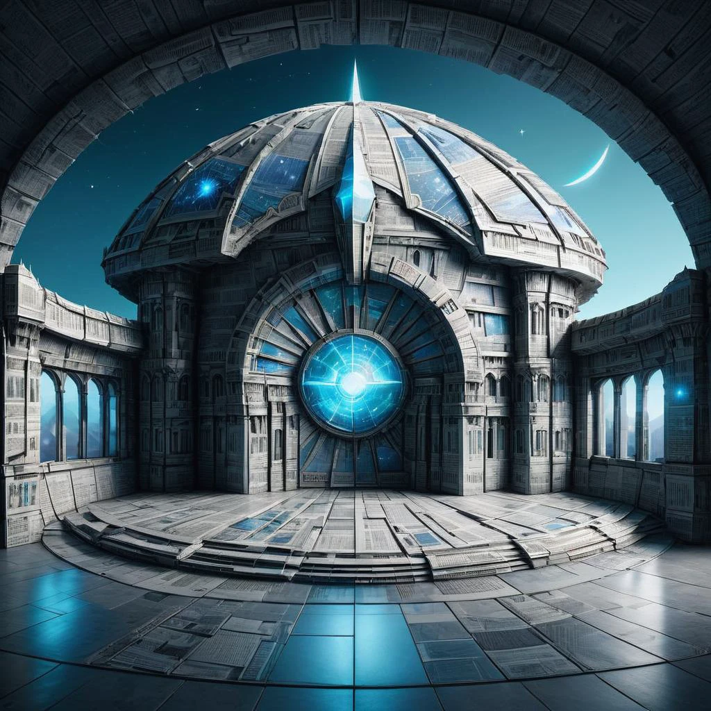hyper detailed masterpiece, dynamic, awesome quality,newsp4per, cosmic confederation summit hall, concrete tiles roof, starlight, gobo lighting, <lora:newsp4per:1>
