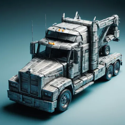 hyper detailed masterpiece, dynamic, awesome quality,newsp4per, colossal tow truck, tinted windows,
strobe lights,
hood scoop, silver, angular,
shiny resin coating,, <lora:newsp4per:1>