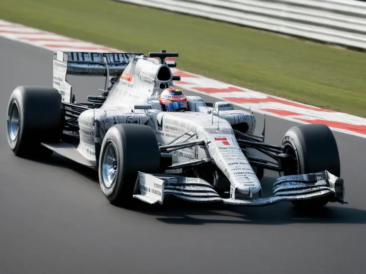 An F1 formula one car covered in newsp4per racing down the straight of a high-speed race track, <lora:newsp4per:0.75>, masterpiece, best quality,
