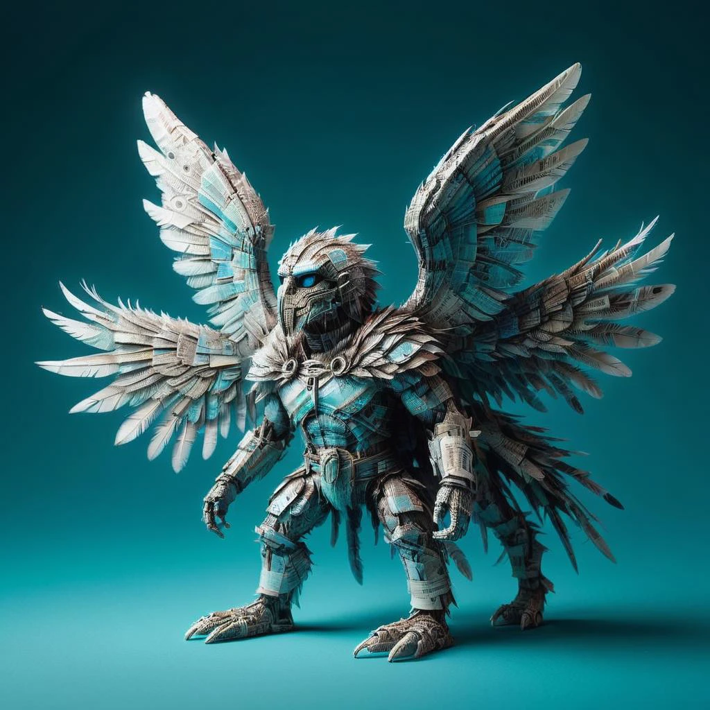hyper detailed masterpiece, dynamic, awesome quality,newsp4per, small nocturnal bioluminescent abstract hominid life form, quadrupedal decamanual, plantigrade appendages, curved-tailed, hairy fur, icarus wings (enchanted wings made from wax and feathers),, <lora:newsp4per:1>