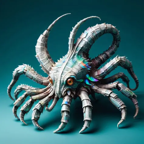 hyper detailed masterpiece, dynamic, awesome quality,newsp4per, gigantic mythical iridescent gritty cephalopod life form, scaled appendages, long-tailed, hairy fur, , <lora:newsp4per:1>