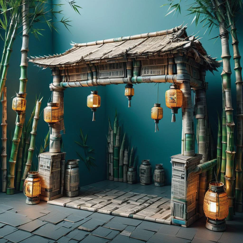hyper detailed masterpiece, dynamic, awesome quality,newsp4per, retail stores, bamboo, lanterns with real flames, wall washers (exterior), <lora:newsp4per:1>