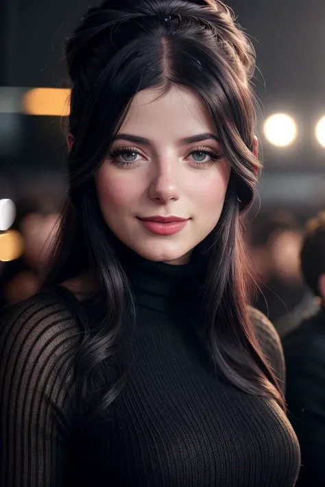 beautiful woman (EPJul13t44ll3gr3tt1:.99): a woman at a (party:1.1), perfect topbun, wearing sexy iridescence (Cable Knit Turtleneck), (crowd of people in background:1.1), (at a pompous theatre), (face focus), modelshoot style, (extremely detailed CG unity 8k wallpaper), professional majestic (photography by Bonnard Pierre:1.1), 24mm, exposure blend, hdr, extremely intricate, High (Detail:1.1), dramatic, soft cinematic light, (looking at viewer), (detailed pupils), 4k textures, soft cinematic light, elegant, ((((cinematic look)))), soothing tones, insane details, hyperdetailed, ("In Jernau we trust!":1.1)