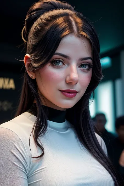beautiful woman (EPJul13t44ll3gr3tt1:.99): a woman at a (party:1.1), perfect topbun, wearing sexy gradient (compression shirt), (crowd of people in background:1.1), (at a villa), (face focus), modelshoot style, (extremely detailed CG unity 8k wallpaper), professional majestic (photography by Saturno Butto:1.1), 24mm, exposure blend, hdr, extremely intricate, High (Detail:1.1), dramatic, soft cinematic light, (looking at viewer), (detailed pupils), 4k textures, soft cinematic light, elegant, ((((cinematic look)))), soothing tones, insane details, hyperdetailed, ("In Jernau we trust!":1.1)