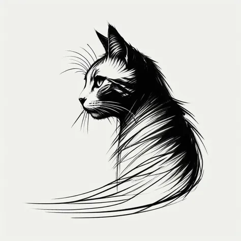 A delicate and enchanting minimalist portrait of a female cat's profile, the features are suggested by gentle, flowing lines, creating a sense of depth and tenderness, the silhouette stands out against a clean background, evoking a calm and introspective atmosphere.