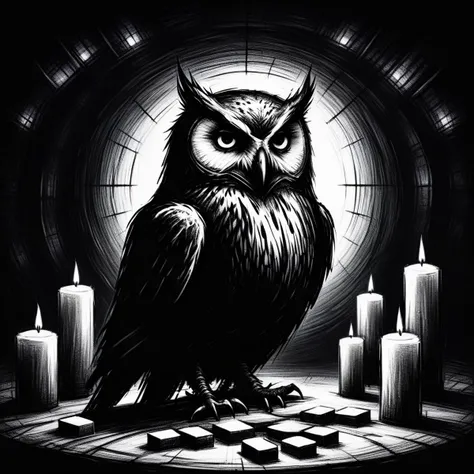 a gorgeous snow owl surrounded by candles, the owl is staring straight ahead, background is dark and the whole image is vintage looking, dark fantasy