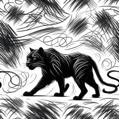 A mesmerizing and intricate majestic full body black panther. The panther's body is crafted from complex patterns and shapes, using negative space to create a seamless and harmonious balance.