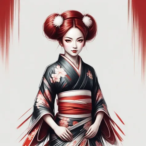 A stunning portrait illustration of a woman entirely dressed in vibrant red, inspired by the style of traditional Japanese art. The woman has a captivating and mysterious expression, with large, doe-like eyes and flowing red hair. Her attire includes a flowing kimono with intricate patterns and a luxurious obi sash